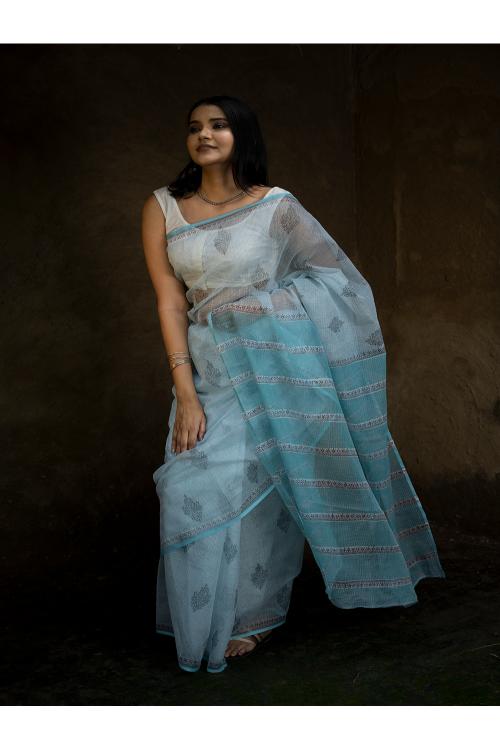 Sanganeri Hand Block Printed Kota Doria Saree - Ocean Moods