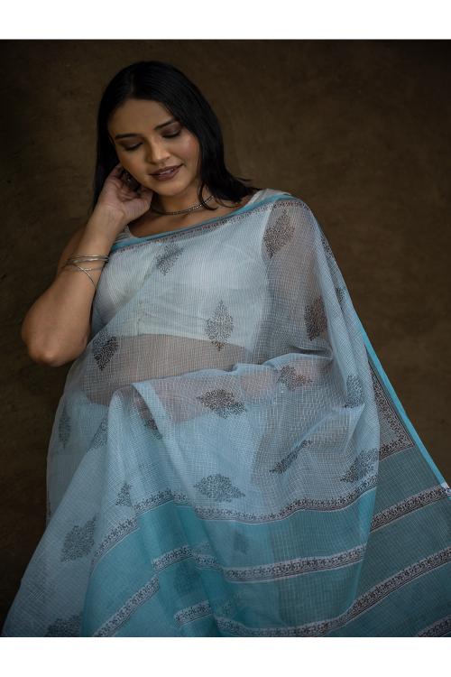 Sanganeri Hand Block Printed Kota Doria Saree - Ocean Moods