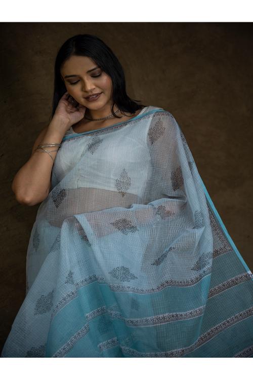 TICH Sanganeri Hand Block Printed Kota Doria Saree - Ocean Moods