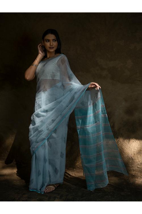 TICH Sanganeri Hand Block Printed Kota Doria Saree - Ocean Moods