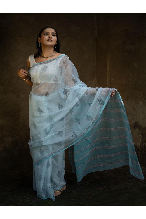 TICH Sanganeri Hand Block Printed Kota Doria Saree - Ocean Moods