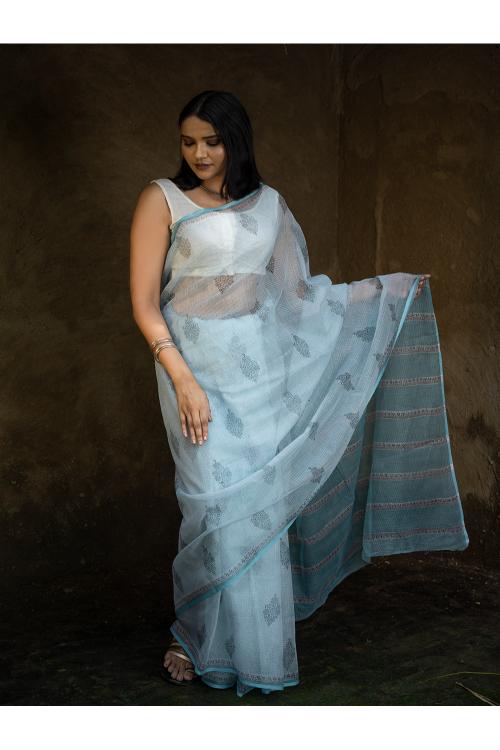 TICH Sanganeri Hand Block Printed Kota Doria Saree - Ocean Moods