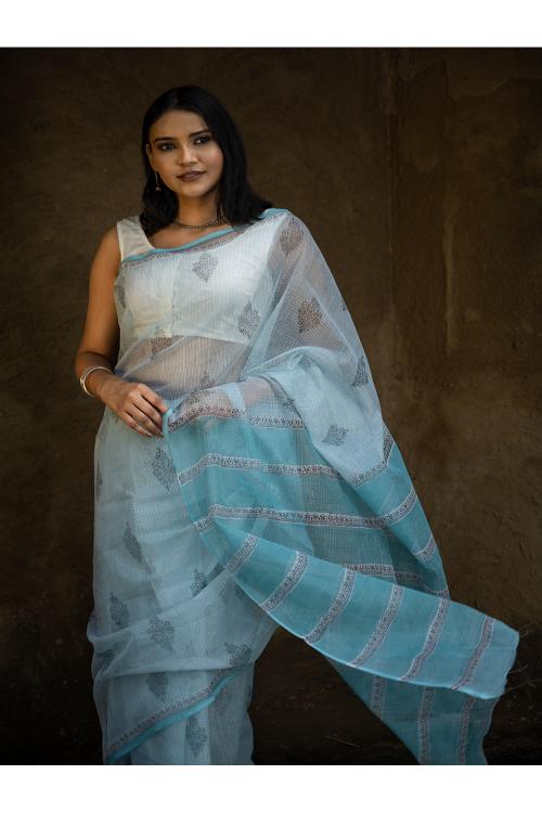 TICH Sanganeri Hand Block Printed Kota Doria Saree - Ocean Moods