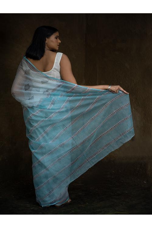 TICH Sanganeri Hand Block Printed Kota Doria Saree - Ocean Moods