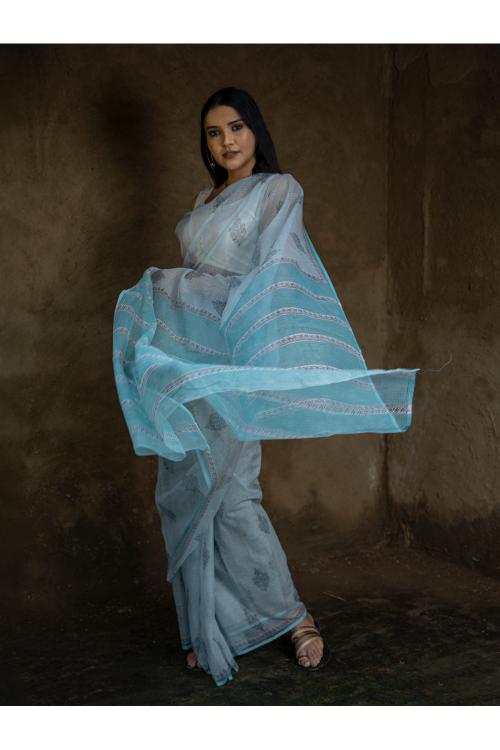 TICH Sanganeri Hand Block Printed Kota Doria Saree - Ocean Moods