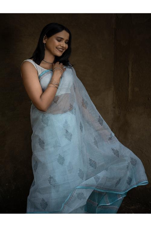 Sanganeri Hand Block Printed Kota Doria Saree - Ocean Moods