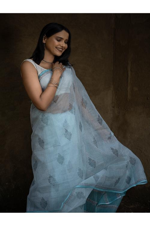 TICH Sanganeri Hand Block Printed Kota Doria Saree - Ocean Moods