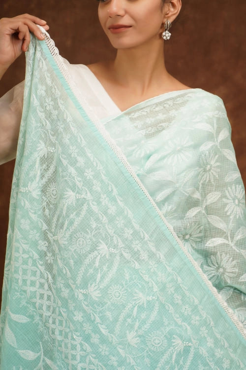 Shwet Women Hand Embroidered Sea Blue Kota Cotton Chikankari Saree