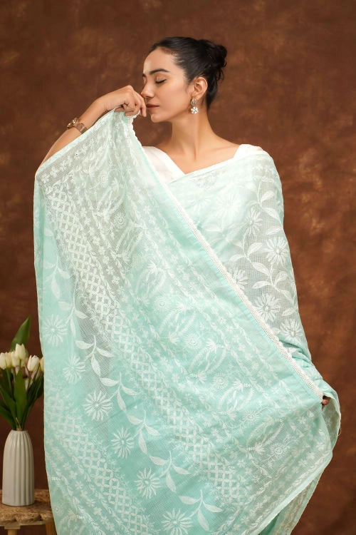 Shwet Women Hand Embroidered Sea Blue Kota Cotton Chikankari Saree