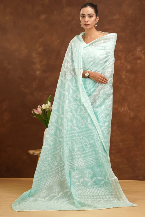 Shwet Women Hand Embroidered Sea Blue Kota Cotton Chikankari Saree