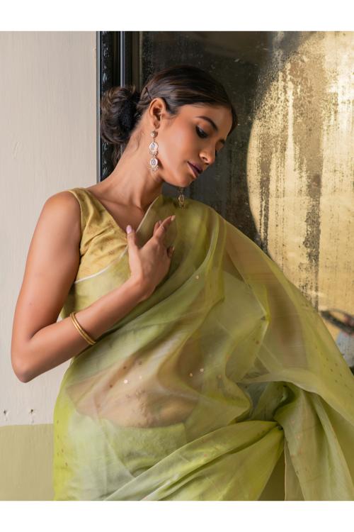 Sheer Elegance.  Exclusive Handwoven Resham Silk Saree - Pale Green