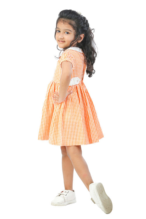 Soleilclo "Orange Gingham" Lapel Collar Cotton Dress