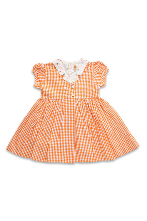 Soleilclo "Orange Gingham" Lapel Collar Cotton Dress