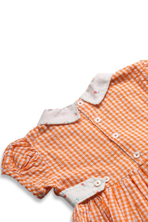 Soleilclo "Orange Gingham" Lapel Collar Cotton Dress