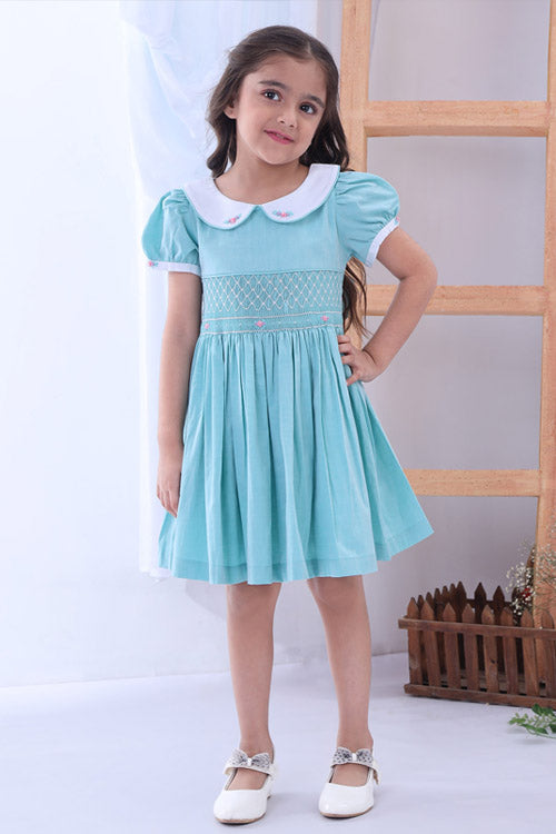 Soleilclo Turquoise Peter Pan Collar Hand Smocked Cotton Dress