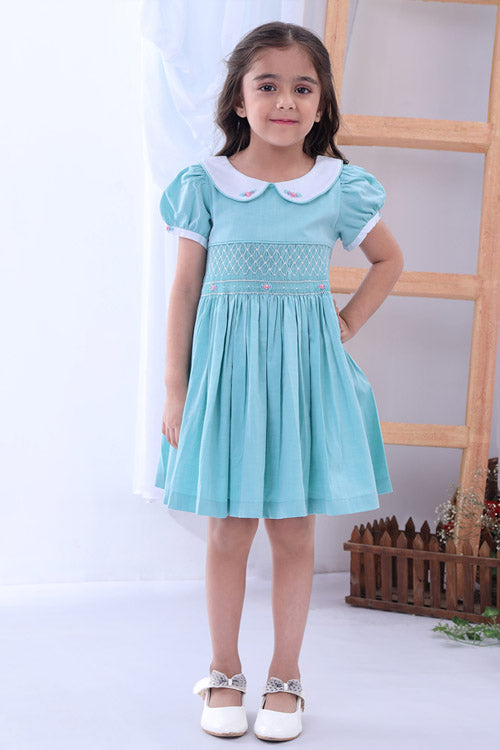 Soleilclo Turquoise Peter Pan Collar Hand Smocked Cotton Dress