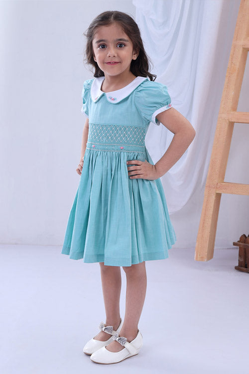 Soleilclo Turquoise Peter Pan Collar Hand Smocked Cotton Dress
