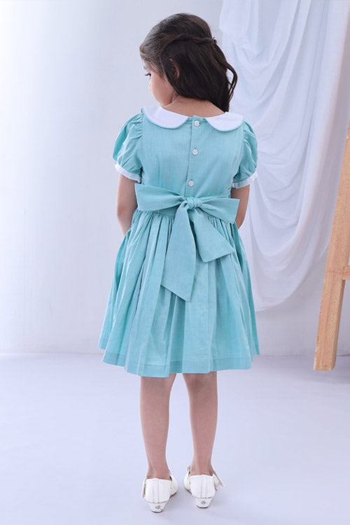 Soleilclo Turquoise Peter Pan Collar Hand Smocked Cotton Dress
