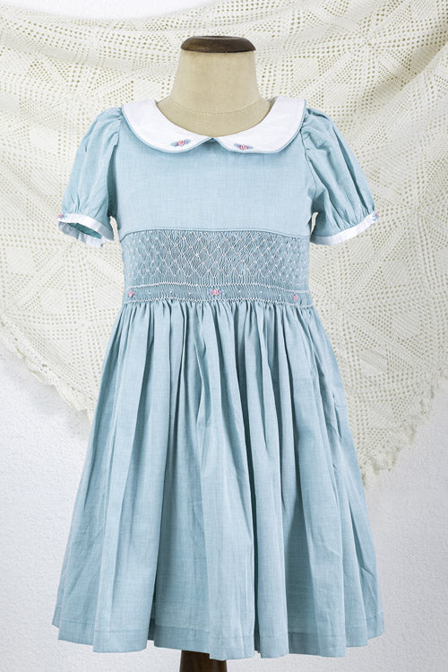 Soleilclo Turquoise Peter Pan Collar Hand Smocked Cotton Dress