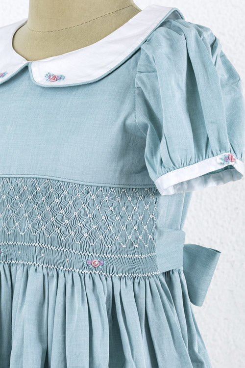 Soleilclo Turquoise Peter Pan Collar Hand Smocked Cotton Dress