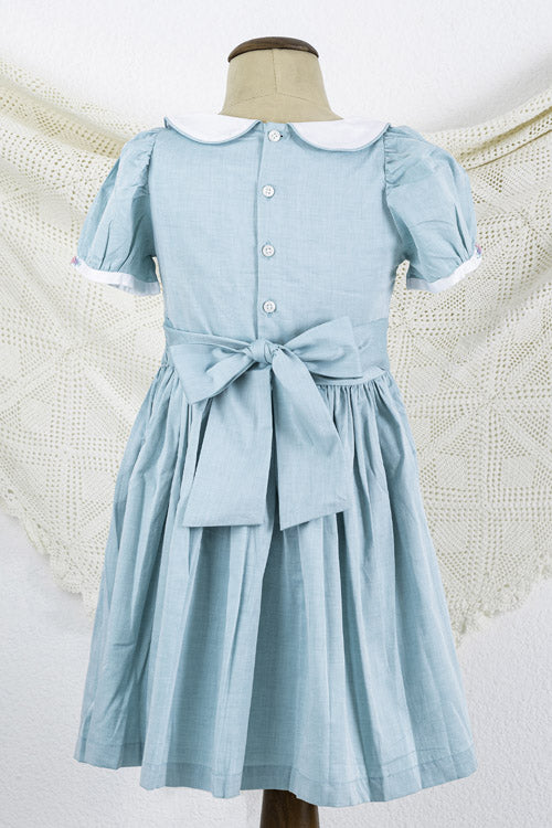 Soleilclo Turquoise Peter Pan Collar Hand Smocked Cotton Dress