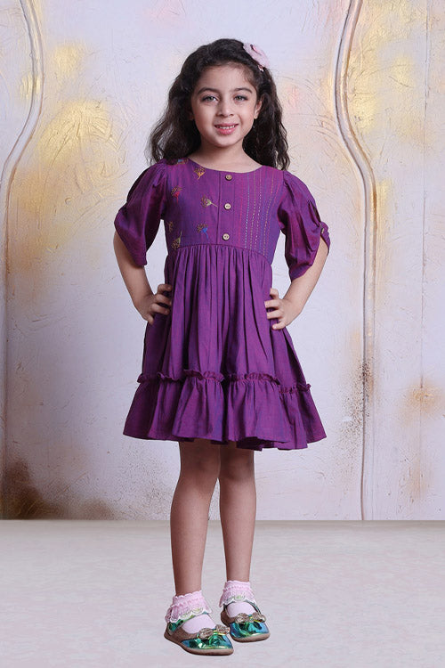 Soleilclo "Sparkler" Hand Embroidered Gathered Sleeve Cotton Dress