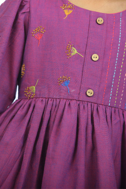 Soleilclo "Sparkler" Hand Embroidered Gathered Sleeve Cotton Dress