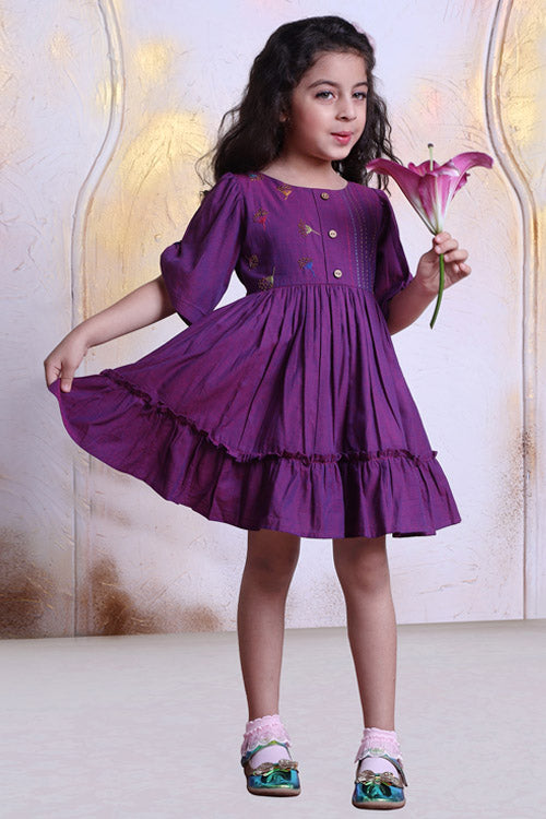 Soleilclo "Sparkler" Hand Embroidered Gathered Sleeve Cotton Dress