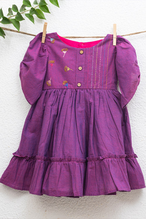 Soleilclo "Sparkler" Hand Embroidered Gathered Sleeve Cotton Dress