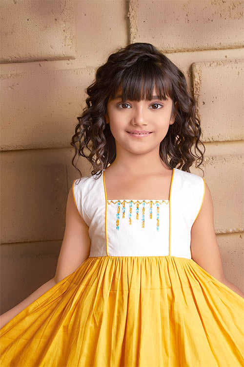 Soleilclo "Mustard Bloom" Sleeveless Hand Embroidered Cotton Dress
