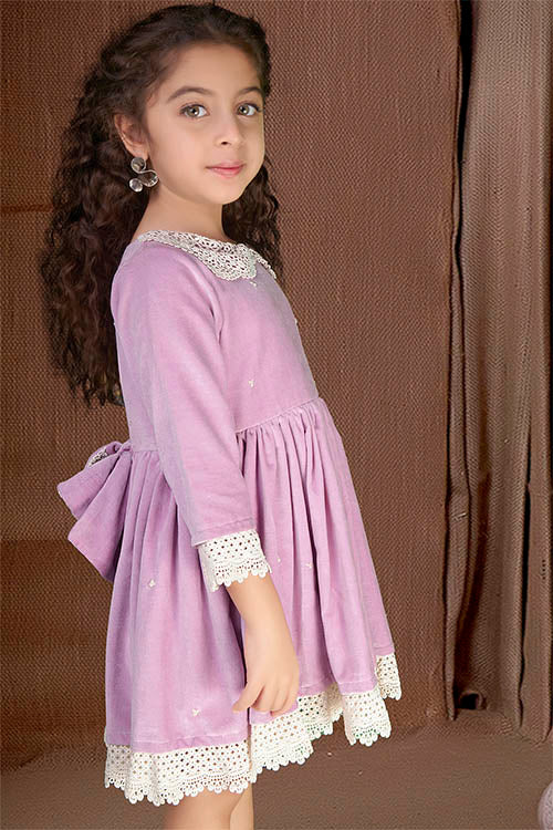 Soleilclo "Lavender Twilight" Three Quarter Sleeves Hand Embroidered Velvet Dress - Lavender