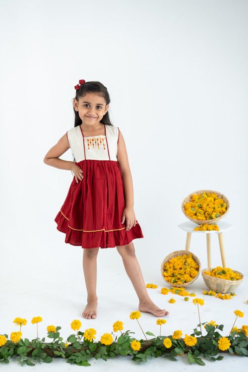 Soleilclo "Red Hand Embroidered Cotton Sleeveless Dress"