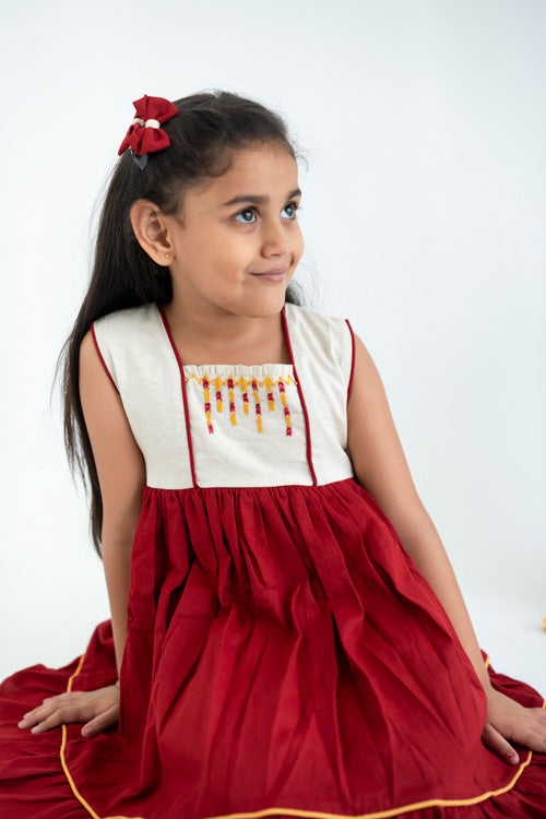 Soleilclo "Red Hand Embroidered Cotton Sleeveless Dress"