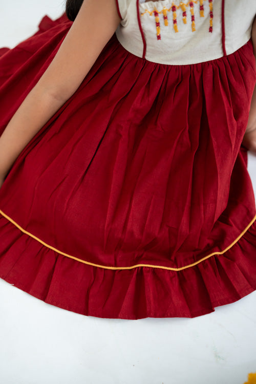 Soleilclo "Red Hand Embroidered Cotton Sleeveless Dress"