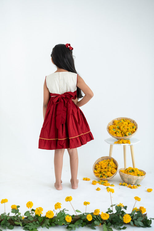 Soleilclo "Red Hand Embroidered Cotton Sleeveless Dress"