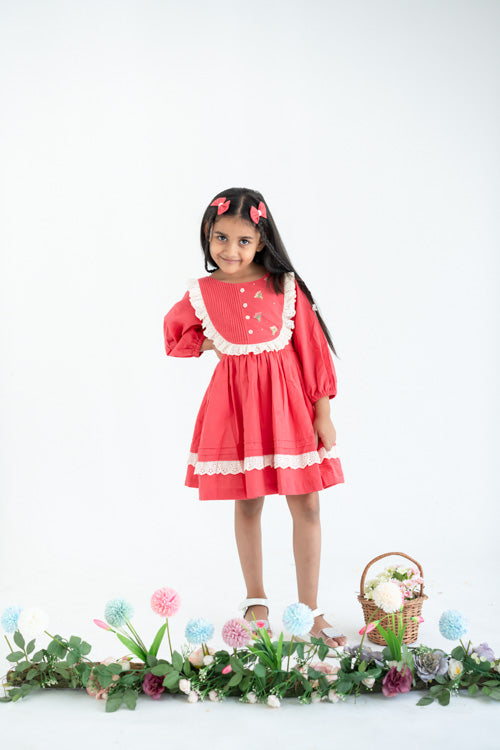 Soleilclo "Coral Pleated Yoke Embroidered Cotton Long Sleeves Dress"