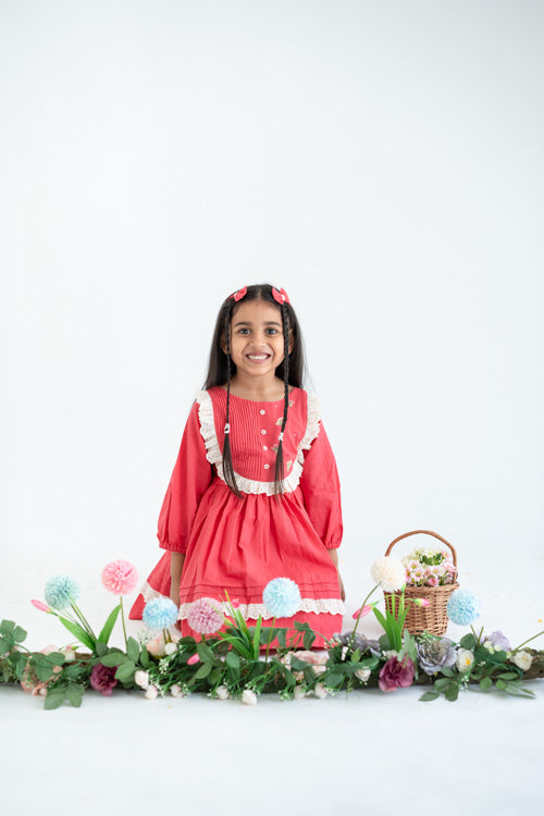 Soleilclo "Coral Pleated Yoke Embroidered Cotton Long Sleeves Dress"