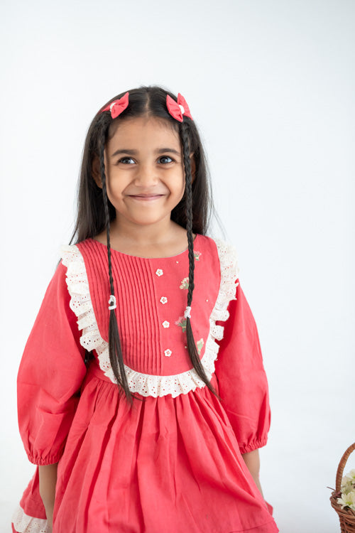 Soleilclo "Coral Pleated Yoke Embroidered Cotton Long Sleeves Dress"