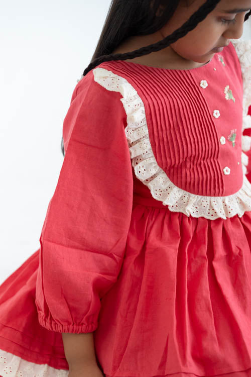 Soleilclo "Coral Pleated Yoke Embroidered Cotton Long Sleeves Dress"