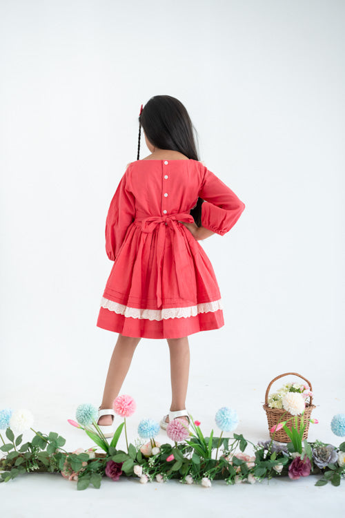 Soleilclo "Coral Pleated Yoke Embroidered Cotton Long Sleeves Dress"