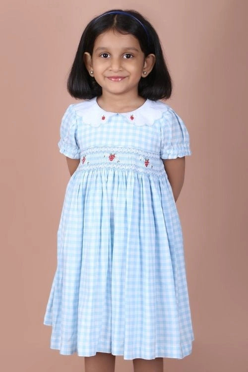Soleilclo "Light Blue Strawberry Embroidered Smocked Gingham Dress"