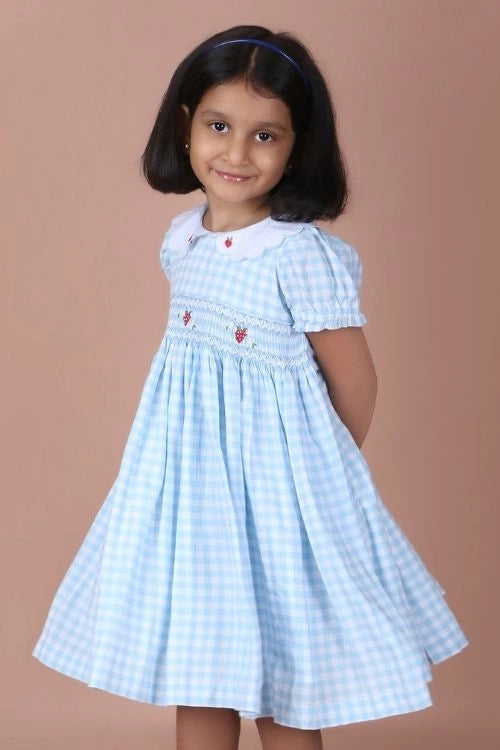 Soleilclo "Light Blue Strawberry Embroidered Smocked Gingham Dress"