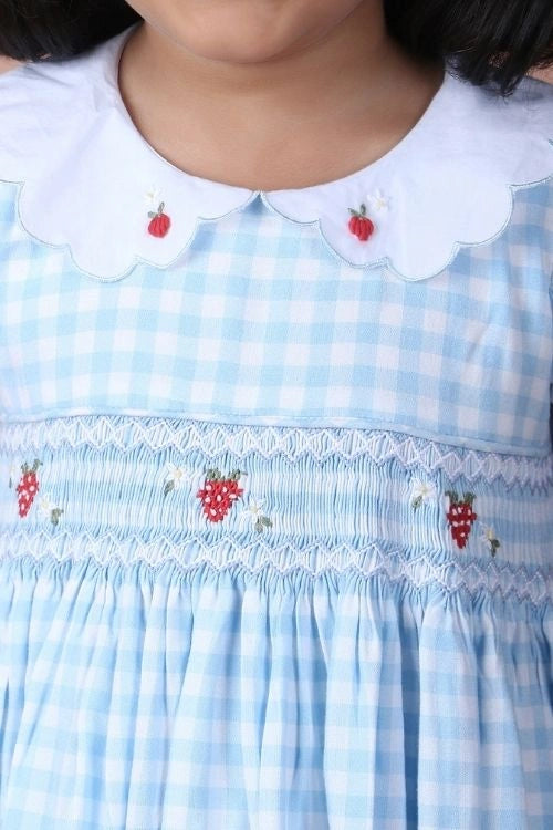 Soleilclo "Light Blue Strawberry Embroidered Smocked Gingham Dress"