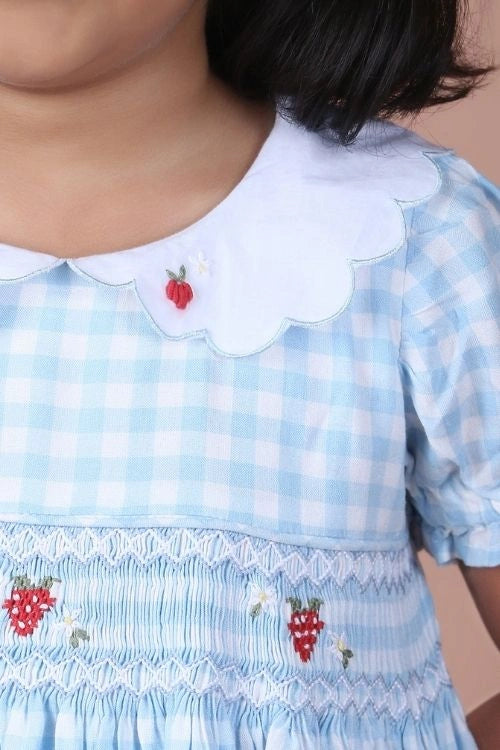 Soleilclo "Light Blue Strawberry Embroidered Smocked Gingham Dress"