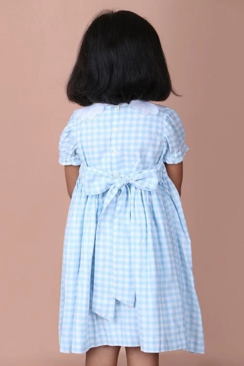 Soleilclo "Light Blue Strawberry Embroidered Smocked Gingham Dress"