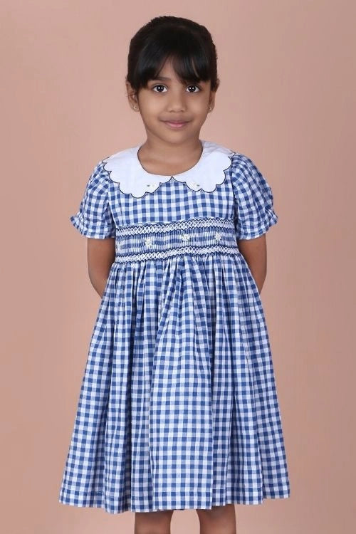 Soleilclo "Royal Blue Daisy Embroidered Smocked Gingham Dress"