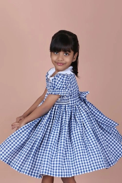 Soleilclo "Royal Blue Daisy Embroidered Smocked Gingham Dress"