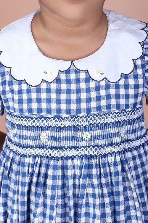 Soleilclo "Royal Blue Daisy Embroidered Smocked Gingham Dress"