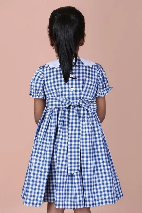 Soleilclo "Royal Blue Daisy Embroidered Smocked Gingham Dress"