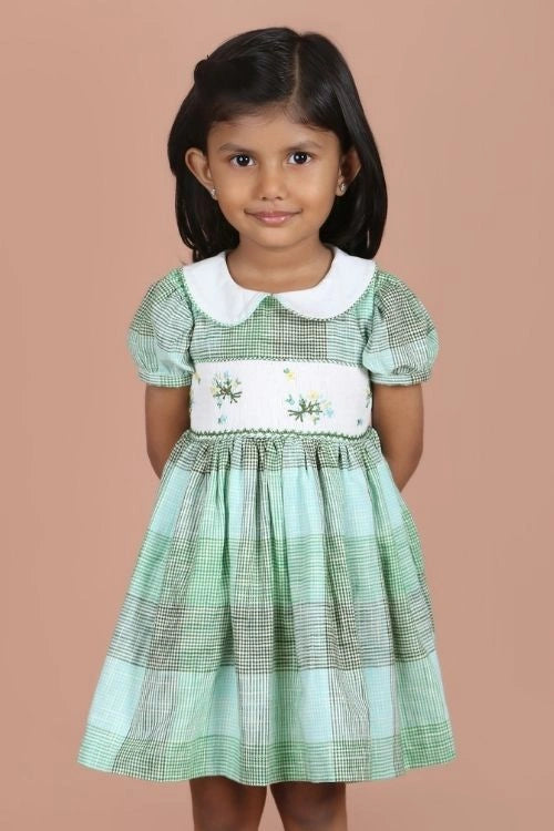 Soleilclo "Green Floral Embroidered Smocked Micro Gingham Dress"